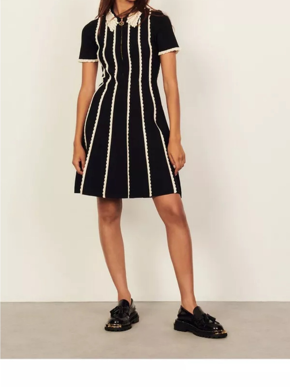 Sandro Paris Knit Black Short-Sleeve A-Line Dress with Cream Trim